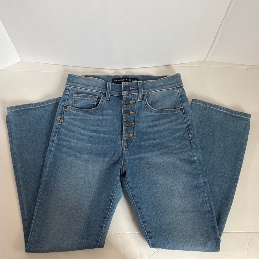 Veronica Beard Carly Kick Flare high rise button fly light wash five pocket jean